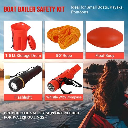 طقم سلامة قارب مع صفارة بوصلة - معدات طوارئ للتخزين الجاف، 1.5 لتر - تتضمن حبل 50 بوصة، عوامة عائمة، صفارة مطورة ومصباح يدوي - مثالية للقوارب الصغيرة، قوارب الكاياك، الطوافات in Kuwait