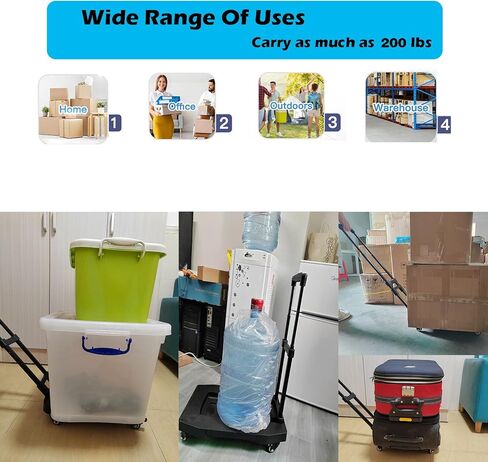 شاحنة يدوية قابلة للطي، عربة دوللي بعجلات دوارة 4 * 360 درجة، شاحنة ثقيلة 200 رطل وعربة محمولة، السفر، التحرك، التسوق، الاستخدام المكتبي، أسود in Kuwait