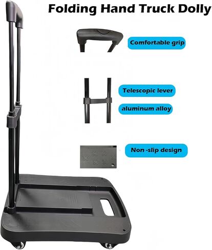 شاحنة يدوية قابلة للطي، عربة دوللي بعجلات دوارة 4 * 360 درجة، شاحنة ثقيلة 200 رطل وعربة محمولة، السفر، التحرك، التسوق، الاستخدام المكتبي، أسود in Kuwait