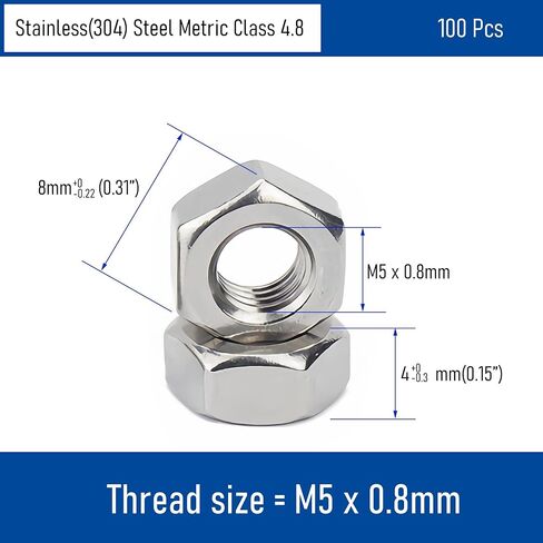 100PCS M5-0.8 Hex Nuts, Stainless Steel 304 Metric Coarse Thread Hexagon Nut, DIN934, Class 4.8 Screw Bolt Fasteners, Hardware Lock Nut in Saudi Arabia