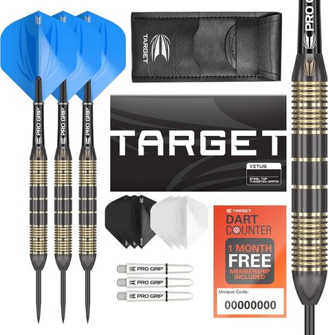 TARGET Darts Vitus Brass Steel Tip Darts Set - 6 Pro Grip Shafts - 9 Pro Ultra Flights – Dart Wallet - Dart Counter App Coupon Bundle in Saudi Arabia
