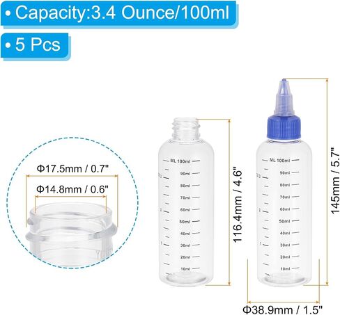 PATIKIL 3.4oz(100ml) Plastic Dispensing Bottle, 5Pcs Squeeze Graduated Empty Bottles with Black Twist Cap for Liquids, Inks, Oils, Sauces, Arts and Crafts, Transparent in Saudi Arabia