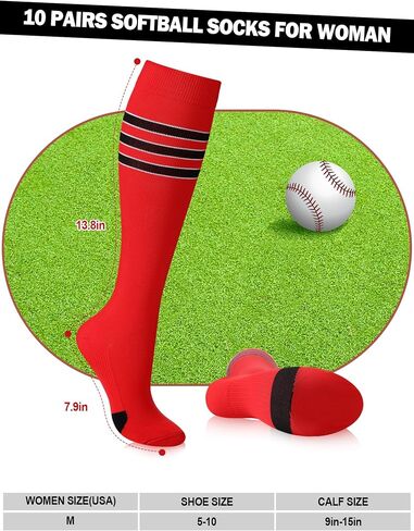 10 Pairs Softball Socks Women Girls Red Knee High Compression Socks Performance Sports Tube Socks for Baseball, Softball, Football, and More in Saudi Arabia