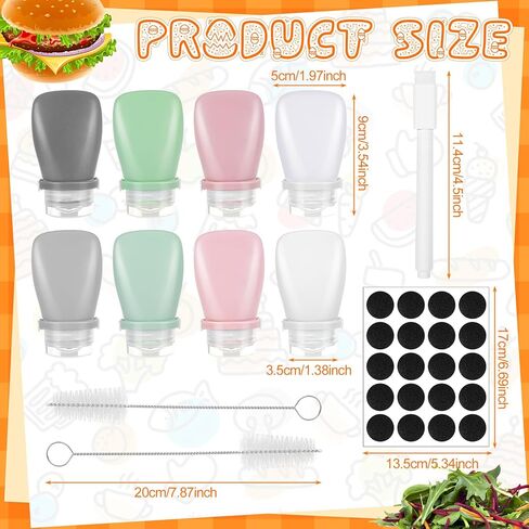 8 Pcs Mini Salad Dressing Container, Ketchup Container Squeeze Bottles Leakproof Sauce Dispenser to Go for Lunch Silicone Portable Jars with Cleaning Brush Labels Marker Pen 1.3 oz,38 ml in Kuwait