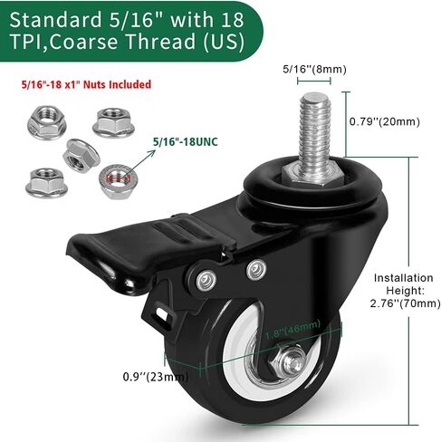 عجلات دوارة مقاس 2 بوصة مع جذع ملولب 5/16 بوصة - 18 × 1 بوصة (قطر المسمار 5/16 بوصة، الطول 1 بوصة) استبدال عجلات البولي يوريثان شديدة التحمل لأثاث طاولة العربة، عجلات صناعية مع صواميل شفة، مجموعة من 4 قطع in Kuwait