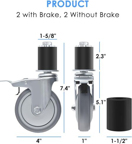PACETAP 4 Inch Prep Table Wheels Caster Set of 4, Expanding Stem Caster Fit 1-1/2" and 1-5/8" Tube ID Leg for Work Table/Cart/Kitchen Appliances/Workbench Legs (2 with Brake, 2 without Brake) in Kuwait