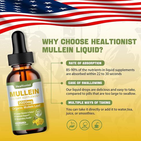 2 Pack Mullein Drops for Lungs - Leaf Extract Liquid - Powerful Mullein for Immune Support, Cleanse - Detox & Respiratory, Digestive System, Natural Herbal Supplement Tincture, Tea - 4 fl oz Vegan in Saudi Arabia