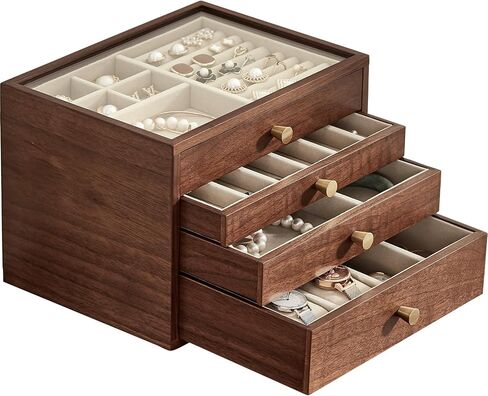 Black Walnut Wooden Jewelry Box Women Classical Solid Wooden 4-Layer Organizer with Glass Lid Drawers Watch Necklace Ring Earring Storage Mother's Day Gifts in Saudi Arabia