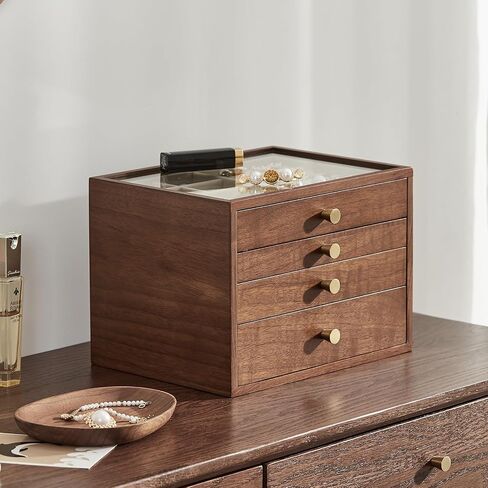 Black Walnut Wooden Jewelry Box Women Classical Solid Wooden 4-Layer Organizer with Glass Lid Drawers Watch Necklace Ring Earring Storage Mother's Day Gifts in Saudi Arabia