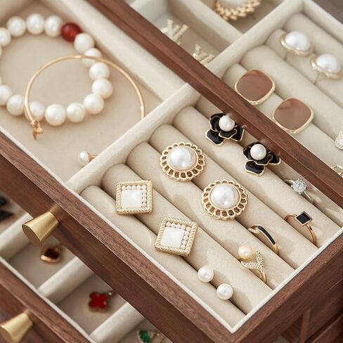 Black Walnut Wooden Jewelry Box Women Classical Solid Wooden 4-Layer Organizer with Glass Lid Drawers Watch Necklace Ring Earring Storage Mother's Day Gifts in Saudi Arabia