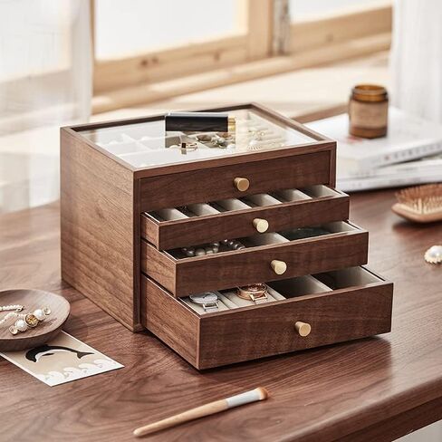 Black Walnut Wooden Jewelry Box Women Classical Solid Wooden 4-Layer Organizer with Glass Lid Drawers Watch Necklace Ring Earring Storage Mother's Day Gifts in Saudi Arabia