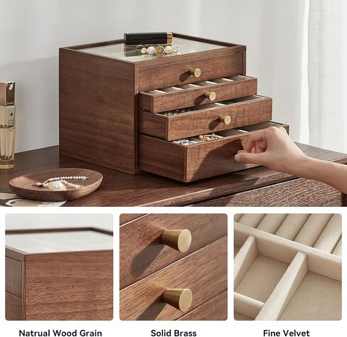 Black Walnut Wooden Jewelry Box Women Classical Solid Wooden 4-Layer Organizer with Glass Lid Drawers Watch Necklace Ring Earring Storage Mother's Day Gifts in Saudi Arabia