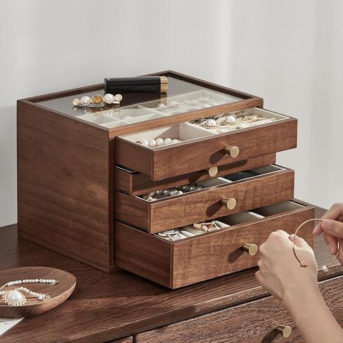 Black Walnut Wooden Jewelry Box Women Classical Solid Wooden 4-Layer Organizer with Glass Lid Drawers Watch Necklace Ring Earring Storage Mother's Day Gifts in Saudi Arabia