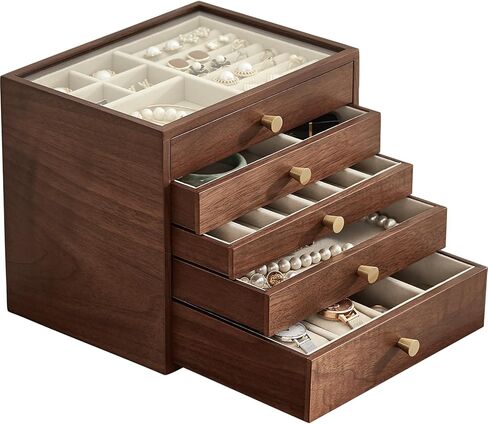 Black Walnut Wooden Jewelry Box Women Classical Solid Wooden 4-Layer Organizer with Glass Lid Drawers Watch Necklace Ring Earring Storage Mother's Day Gifts in Saudi Arabia