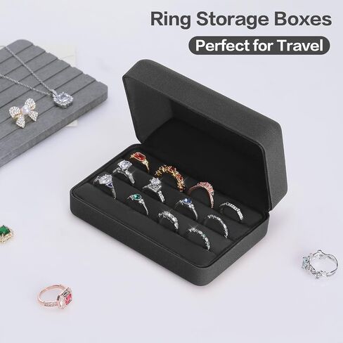 Velet Ring Storage Box for Multiple Rings, Travel Jewelry Ring Stud Earrings Holder Case, 3 Slot Portable Ring Display Organizer Case (Black) in Kuwait