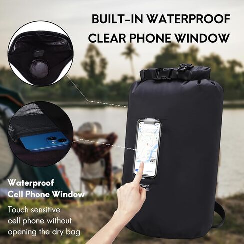 حقيبة Haimont الجافة المقاومة للماء وخفيفة الوزن وحقيبة جافة للتجديف بالكاياك والتجديف والتجديف والتجديف وركوب القوارب مع نافذة متوافقة مع شاشة اللمس، أسود، 25 لتر in Kuwait