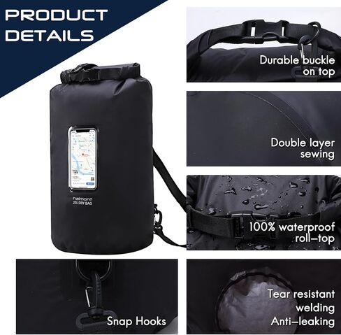 حقيبة Haimont الجافة المقاومة للماء وخفيفة الوزن وحقيبة جافة للتجديف بالكاياك والتجديف والتجديف والتجديف وركوب القوارب مع نافذة متوافقة مع شاشة اللمس، أسود، 25 لتر in Kuwait