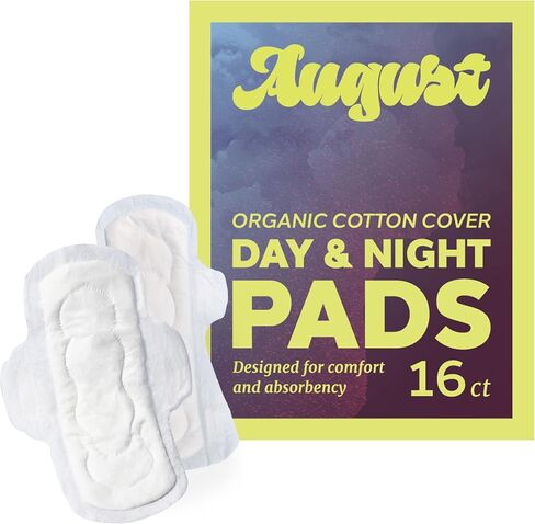 August Menstrual Day and Night Organic Topsheet Pad, 8-Pack Day, 8-Pack Night Organic Cotton Pads, Compostable Wrapper, Fragrance Free, Hypoallergenic Organic Pads for Women and Anyone Who Menstruates in Saudi Arabia
