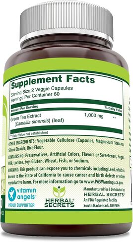 Amazing Nutrition Herbal Secrets Green Tea Extract 1000 Mg per Serving | Veggie Capsules Supplement | Non-GMO | Gluten-Free | Made in USA (1 Pack, 120 Count) in Saudi Arabia