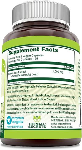 Amazing Nutrition Herbal Secrets Green Tea Extract 1000 Mg per Serving | Veggie Capsules Supplement | Non-GMO | Gluten-Free | Made in USA (1 Pack, 120 Count) in Saudi Arabia