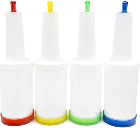 Color Coded Flow N Stow Juice Bottles (32oz / 1 Quart, Set of 4) – Commercial Grade Bar Pourers with Spout and Lid for Effortless Mixing, Pouring, and Storage in Saudi Arabia
