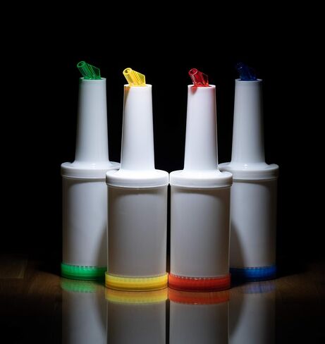 Color Coded Flow N Stow Juice Bottles (32oz / 1 Quart, Set of 4) – Commercial Grade Bar Pourers with Spout and Lid for Effortless Mixing, Pouring, and Storage in Saudi Arabia