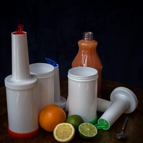 Color Coded Flow N Stow Juice Bottles (32oz / 1 Quart, Set of 4) – Commercial Grade Bar Pourers with Spout and Lid for Effortless Mixing, Pouring, and Storage in Saudi Arabia