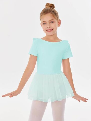 Haloumoning Ballet Leotards for Girls Ruffle Backless Dance Dress Tulle Short Sleeve Tutu Skirt in Saudi Arabia