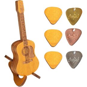 Wooden Guitar Pick Box with Stand,6PCS Unique Guitar Picks Guitar Pick Holder Box,Musician Engraved Wooden Plectrum Case,Acoustic Guitar Box for Electric Bass Guitar Ukulele Lover