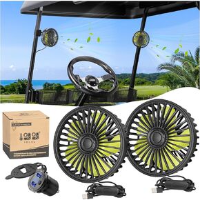 10L0L Golf Cart Fans with Quick Charge 3.1A Dual USB Charger Socket, Fit Club Car EZGO Yamaha, Independent Switch with 3-Speed, Rotate 360 Degrees, No Obstructing Sight, Low Noise Designed