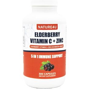 5 in 1 Elderberry Immune Support Supplement, Daily Immune Boosters for Adults Antioxidants Supplement, Elderberry 1000 mg, Vitamin C, Zinc, Echinacea, Ginger, 300 Vegan Capsules - 5 Month