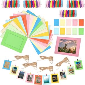 50Pcs 5 Sizes 10 Colors Paper Picture Frames Kit with 50Pcs Colorful Wooden Clips and 5Pcs Strings, Cardboard Picture Frames Paper Photo Frames Hanging Display for Wall Decor