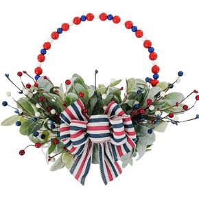 TEMPUS 4th of July Independence Day Wreath Red, White and Blue Wooden Bead Berries Wreath Lambs Leaves Ring Wreath 16 inch Patriotic Decorations for Front Door，Memorial Day Flag Day Veterans Day