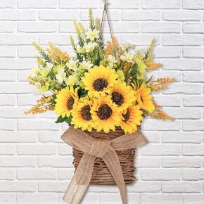 Dolicer Fall Door Hanger Basket Wreath, Fall Sunflower Wreaths for Front Door, Hanging Sunflower Door Wreath for Thanksgiving Home Garden Front Porch Courtyard Indoor Outdoor Autumn Decor