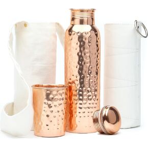 Copper Water Bottle (34oz/1000 ml) w/Copper Tumbler, Carrying Bag & Deco Sleeve | Pure Copper Bottle for Drinking Water | Lab-Tested, Leak-Proof | Authentic Ayurvedic Copper Bottle
