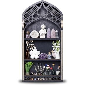 Gothic Window Crystal Shelf Display for Wall, Wooden Gem Stone Rock Storage Holder Trinkets Organizer, Wall Mount Stand Case Box for Witch Wiccan Decor, Spiritual Gift for Home Bedroom Living Room