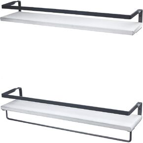 Peter's Goods Rustic Floating Wall Shelves with Rails - Decorative Storage for Kitchen, Bathroom, and Bedroom - Elegant, Modern Shelving - Torched Paulownia Wood, Matte Black Metal Frame - Set of 2