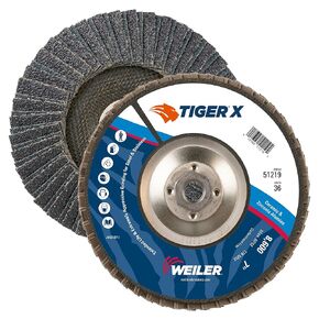 قرص قلاب من Weiler 51222 Tiger X، ألومينا سيراميك وزركونيا، زاوية، دعامة من الفينول، 80 حبيبة، 7 بوصات (عبوة من 10 قطع)