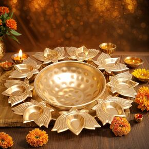 Handcrafted Lotus Shaped Iron Golden Diya Urli 12 Inch Decorative Bowl For Floating Flowers | Urli Bowl Tealight Holder for Diwali | Urli Bowl with Diya for Home Pooja | Maha Shivratri Decorations
