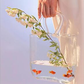 Glass Vase with Elegant Purse Design, Hand Purse vase with Fish Bowl, Unique Flower Vase with Handle and Bubbles - for Home Decor/Office/Garden/Wedding Decor/Enterpiece/Events(Transparent)