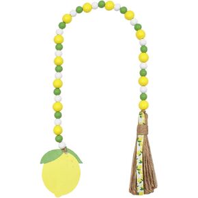 HOMSFOU Lemon Wood Bead Garland with Tassels Summer Wooden Bead Ornament Farmhouse Rustic Wood Bead String Wall Hanging Decor for Home Office