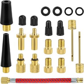21pcs Bicycle Valve Adapter Set, Brass Bike Tire Valve Adapter Kits Air Hose Adapter includes Valve Caps Inflatable Nozzle Bike Pump Needle Bike Pump Accessories for Presta Schrader