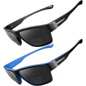 2 PACK Upgraded Unbreakable Bifocal Reading Sunglasses Men TR90 Frame Wrap Around Glasses UV400 Protection Outdoor Sun Reader Sports/Driving (Black & Blue +1.0)