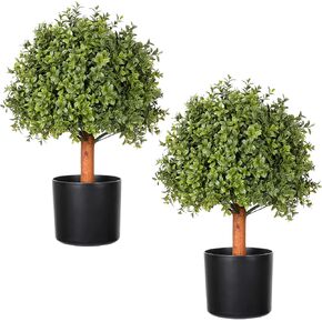 Boxwood Artificial Topiaries 2 Pack, Faux Boxwood for Porch Decor, Fake Topiary Trees for Outdoor, Boxwood Plant with Planter, Faux Boxwood Ball Topiary UV Resistant Outdoor Topiary Décor