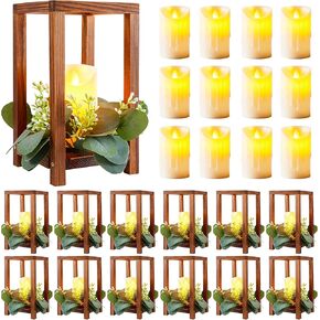24 Pcs/12 Set Wooden Wedding Lantern Centerpiece, Lantern Candle Holder for Rustic Wedding Table Decoration, Table Farmhouse Candle Lantern with 12 Pcs Flameless LED Candles(No Wreathes)