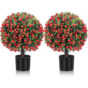 2 Pack 21.6" Artificial Rose Topiary Ball Tree, Outdoors Realistic Fake Shrub Faux Topiary Potted Plants UV Resistant for Home Garden Front Porch Office Decor