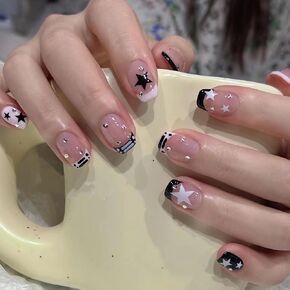 BABALAL Round Press on Nails Short Fake Nails Cow Print French Tip Glue on Nails 24Pcs Oval Acrylic Nails for Women and Girls