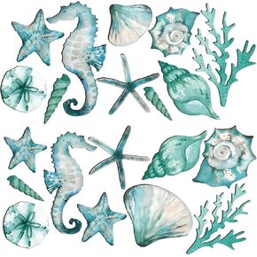 Lineshading 20 Pcs Wooden Beach Wall Decor Coastal Beach Theme Art Decorations Ocean Seashell Starfish Seahorse Decor Nautical Wall Art Beach Theme Bathroom Decor for Outdoor Farmhouse House Home