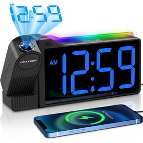 Peakeep Digital Clock, Nightlight Projection Alarm Clock for Bedroom Ceiling, LED Plug in Electric Bedside Clock USB Charger, Battery Backup, Large Numbers Loud Alarm Clock for Heavy Sleepers (Blue)