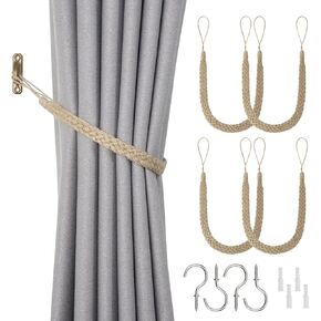 NICEEC 2 Pack Natural Cotton Rope Curtain Tiebacks Boho Rustic Style Decorative Drape Tie Backs Elegant Hand-Woven Rope Curtain Holdbacks with Metal Hook for Home & Office Drapery (Cotton-Beige)